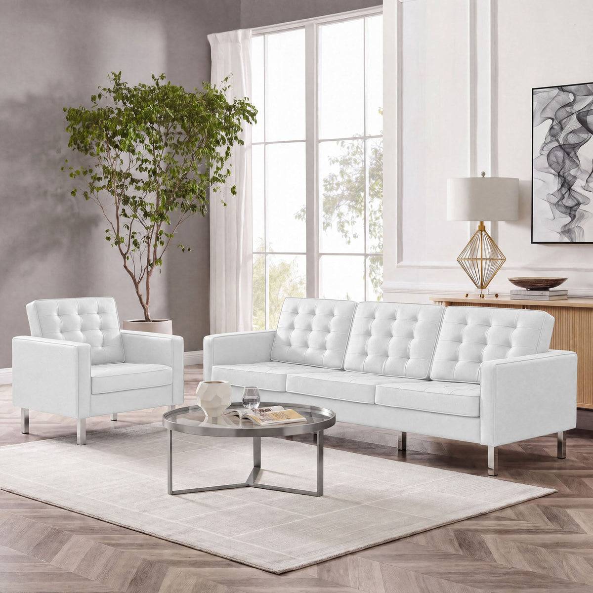 Loft Tufted Upholstered Faux Leather Sofa and Armchair Set by Modway
