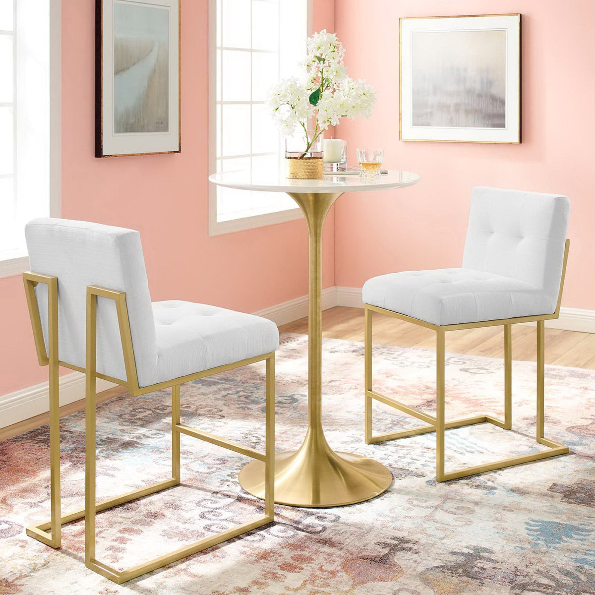 Privy Gold Stainless Steel Upholstered Fabric Counter Stool Set of 2 by Modway