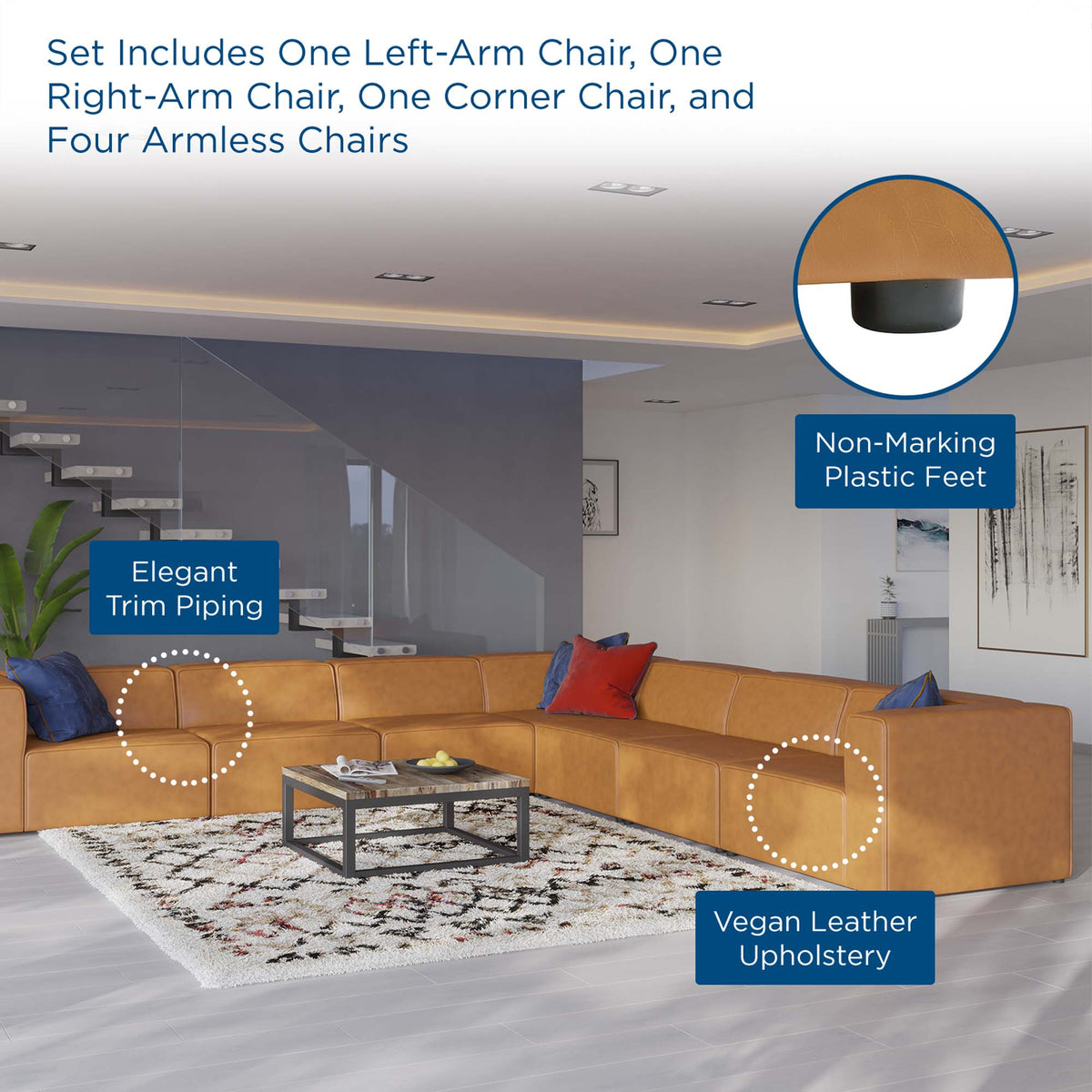 Mingle 7-Piece Vegan Leather Sectional Sofa by Modway - Tan / White (EEI-4798)