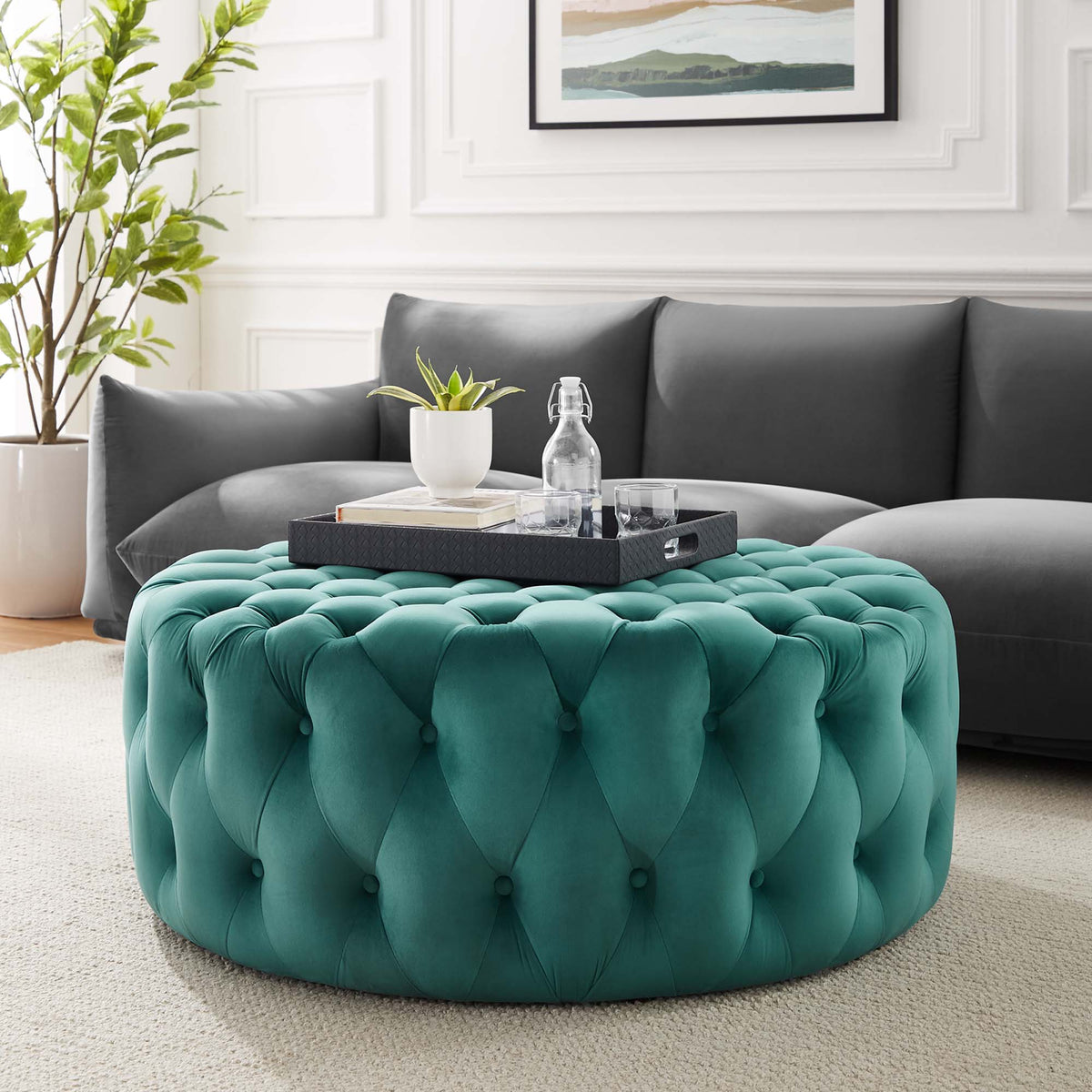 Amour Tufted Button Large Round Performance Velvet Ottoman by Modway