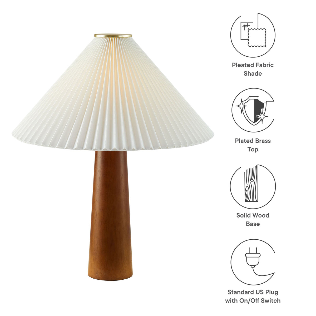 Jessica Wooden Base Table Lamp With Pleated Fabric Shade by Modway