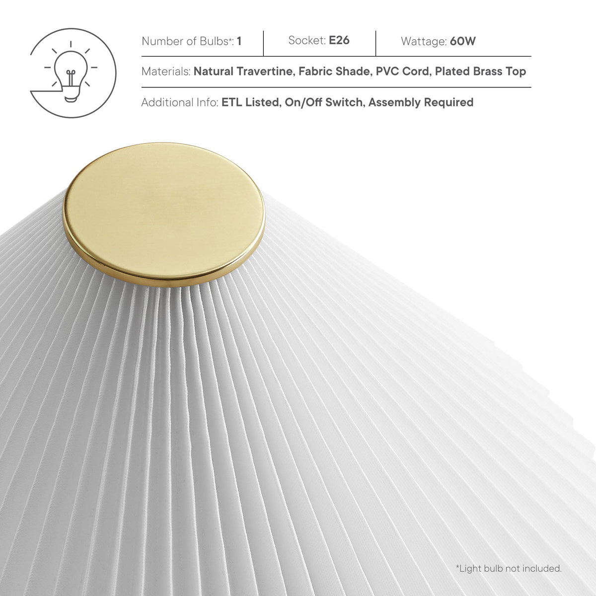 Cove Travertine Table Lamp With Pleated Shade by Modway