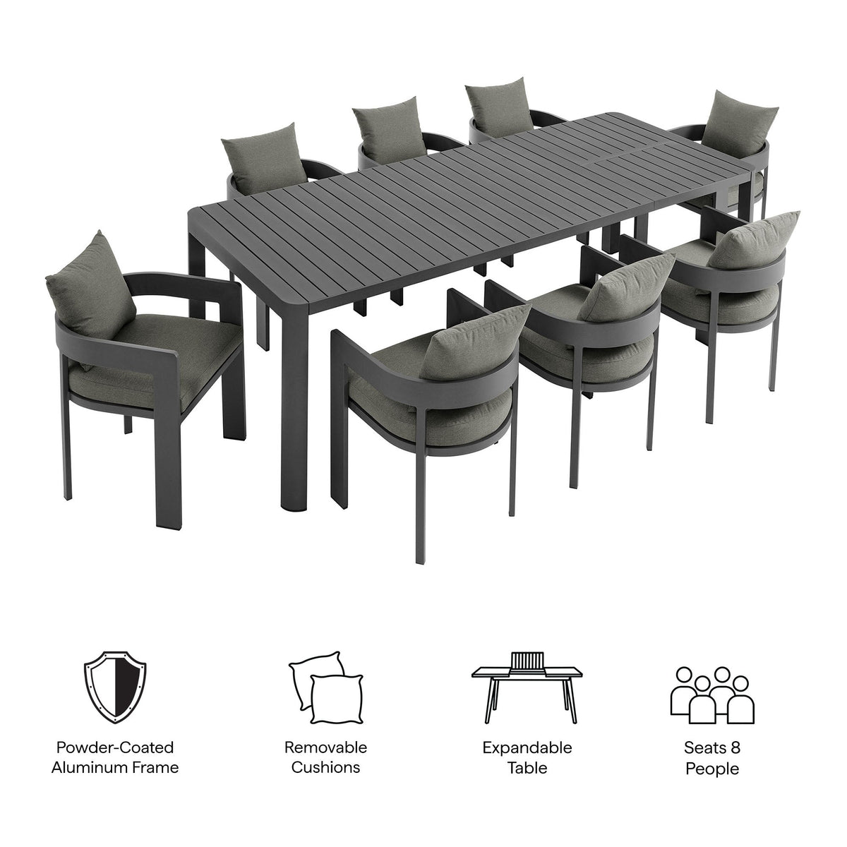 Tahoe 9-Piece Outdoor Patio Aluminum Dining Set With Extendable Table by Modway
