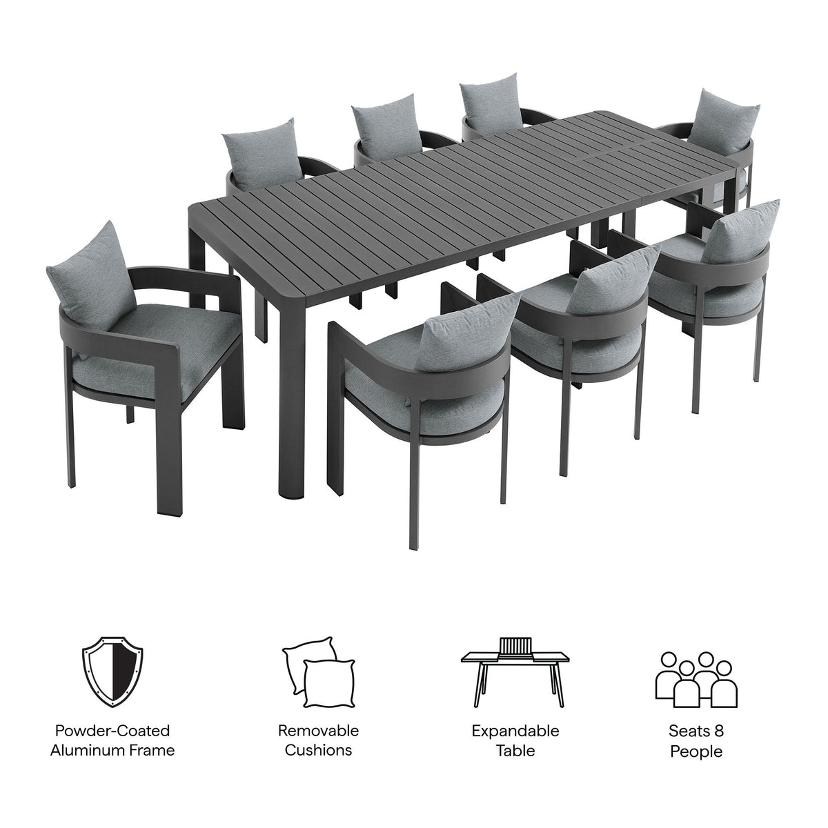Tahoe 9-Piece Outdoor Patio Aluminum Dining Set With Extendable Table by Modway