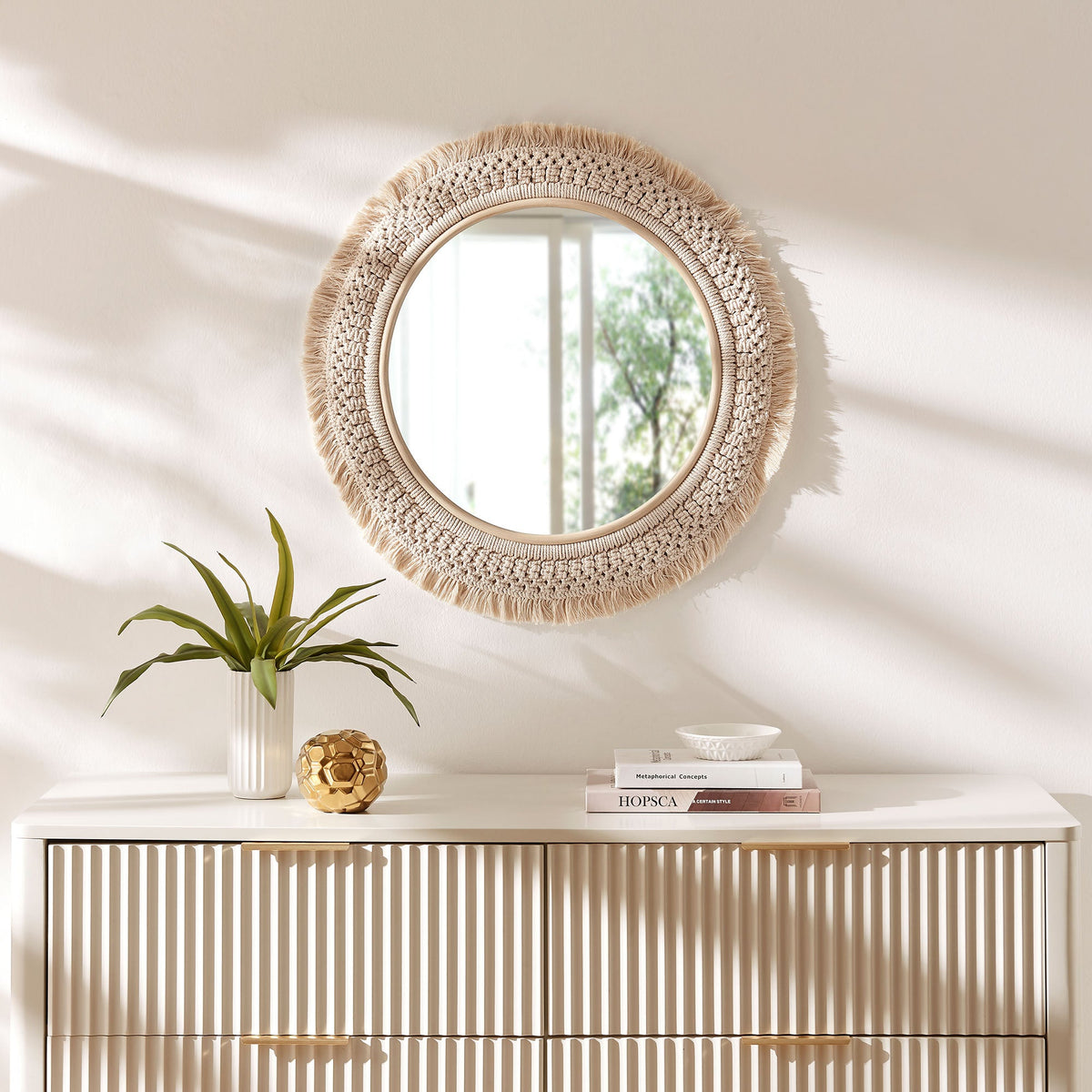 Jade Round Rattan Macrame Wall Mirror by Modway