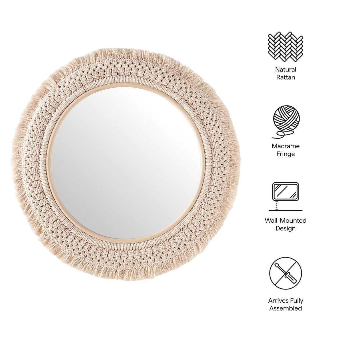 Jade Round Rattan Macrame Wall Mirror by Modway