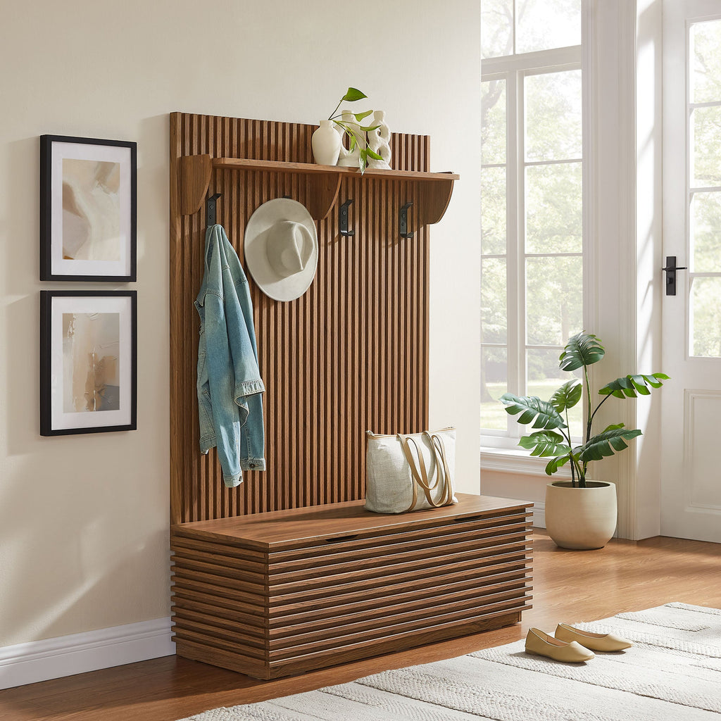 Render Fluted 3-in-1 Hall Tree With Storage Bench and Coat Rack by Modway