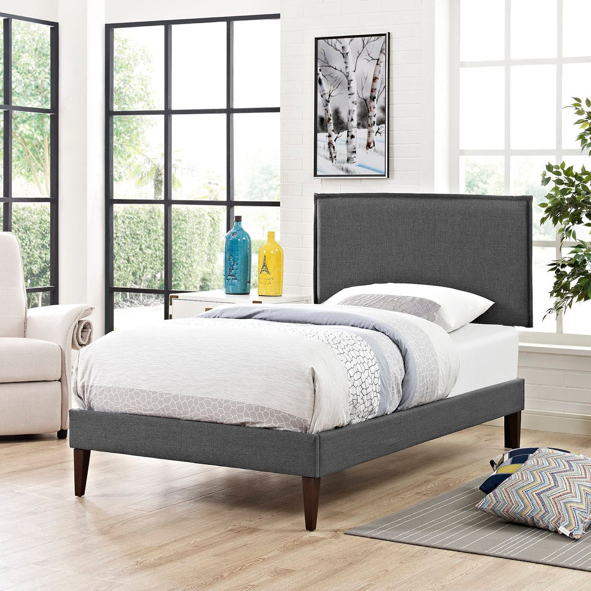 Camille Fabric Twin Platform Bed with Squared Tapered Legs by Modway