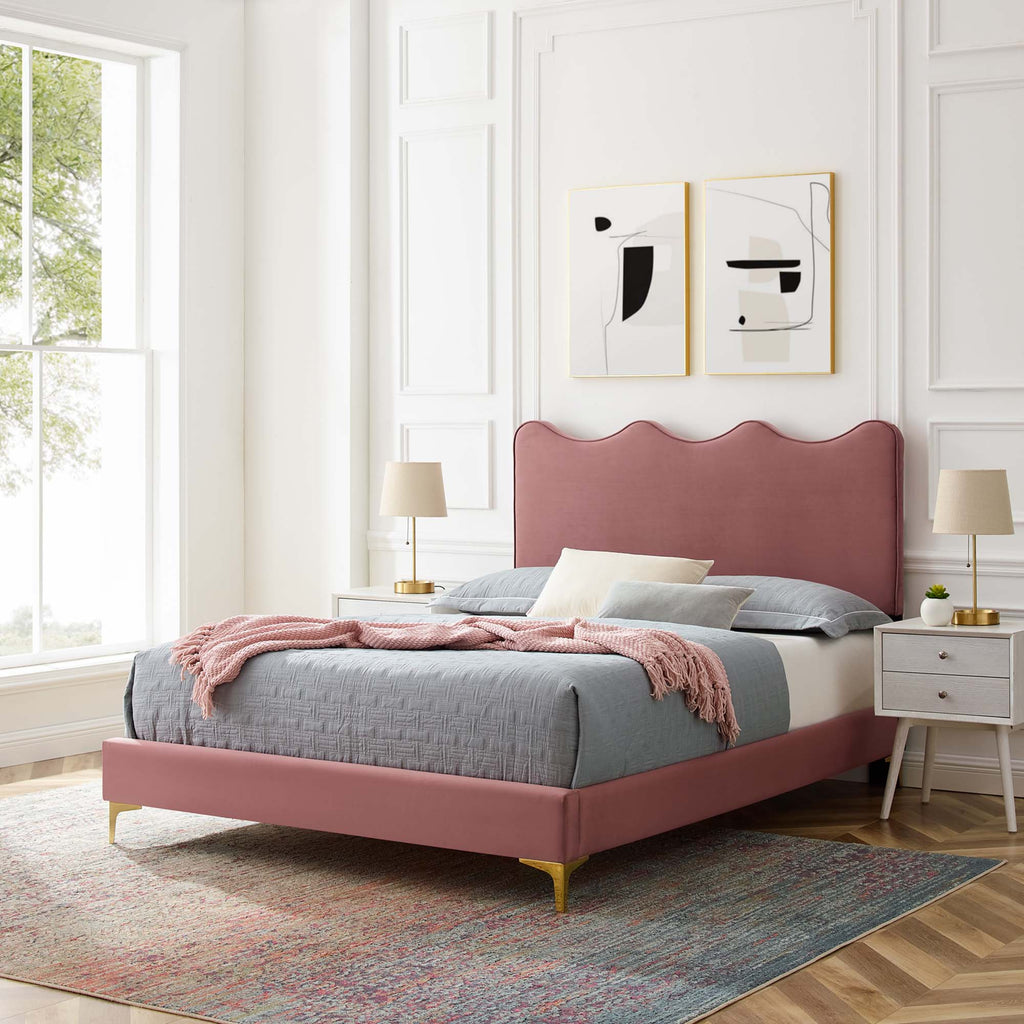 Current Performance Velvet Queen Platform Bed by Modway - Dusty Rose / Pink / White