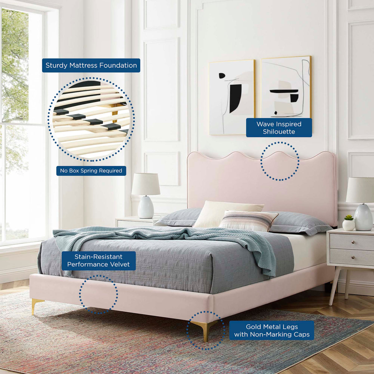 Current Performance Velvet Queen Platform Bed by Modway - Dusty Rose / Pink / White