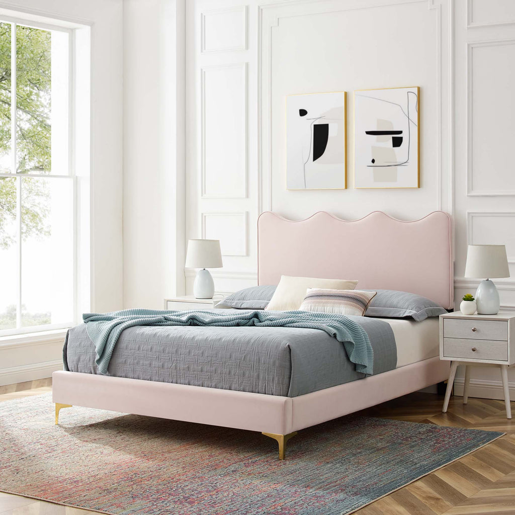 Current Performance Velvet Queen Platform Bed by Modway - Dusty Rose / Pink / White