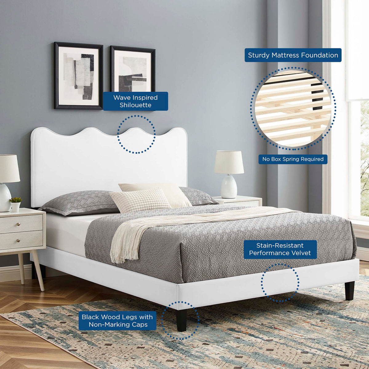 Current Performance Velvet Queen Platform Bed by Modway - Dusty Rose / Light Gray / Pink / White