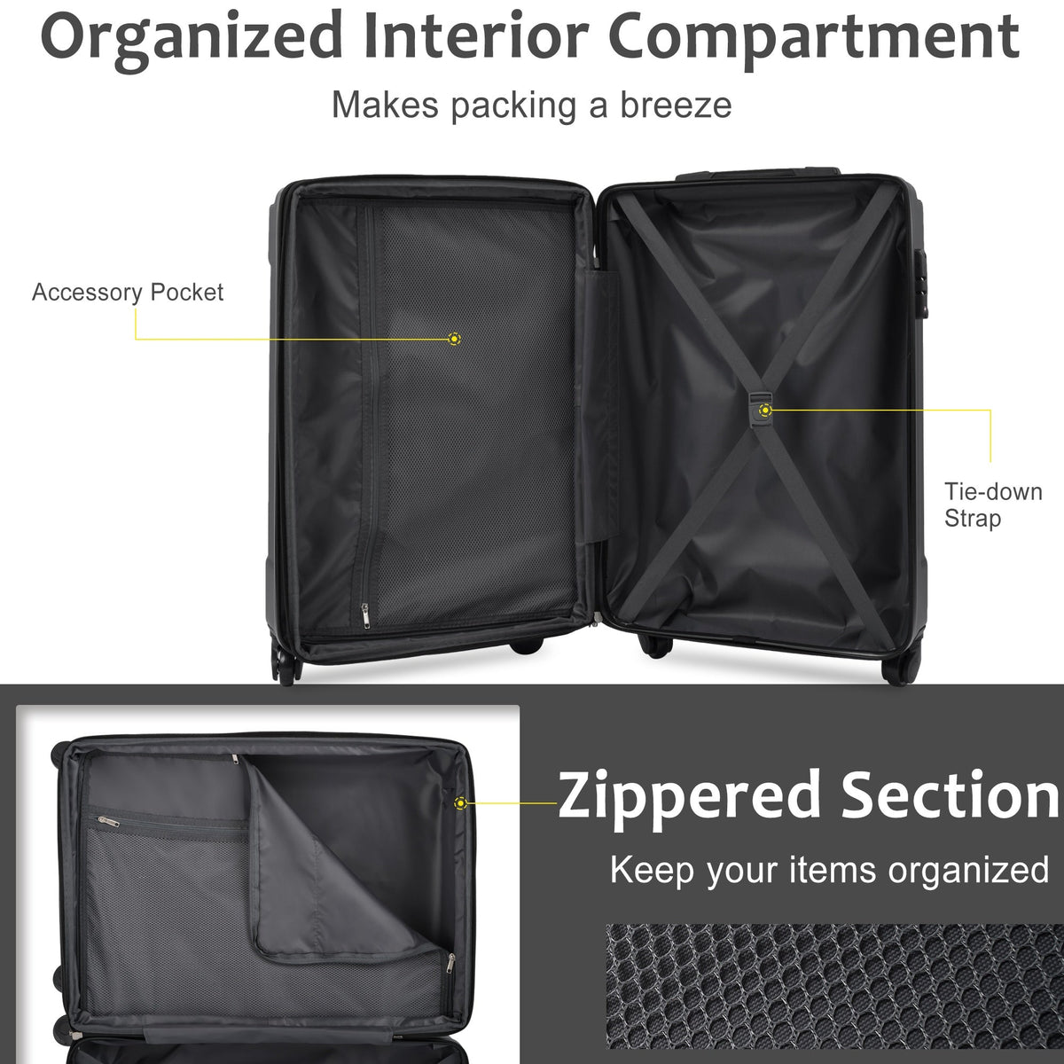 20-Inch Hardshell Carry-On Luggage with TSA Lock - Black
