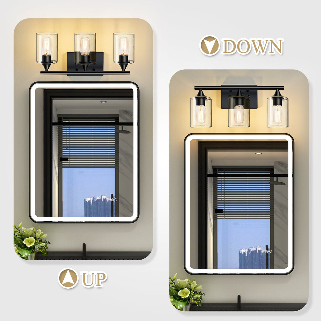 3-Light Matte Bathroom Vanity Wall Light with Clear Glass Shades - Black