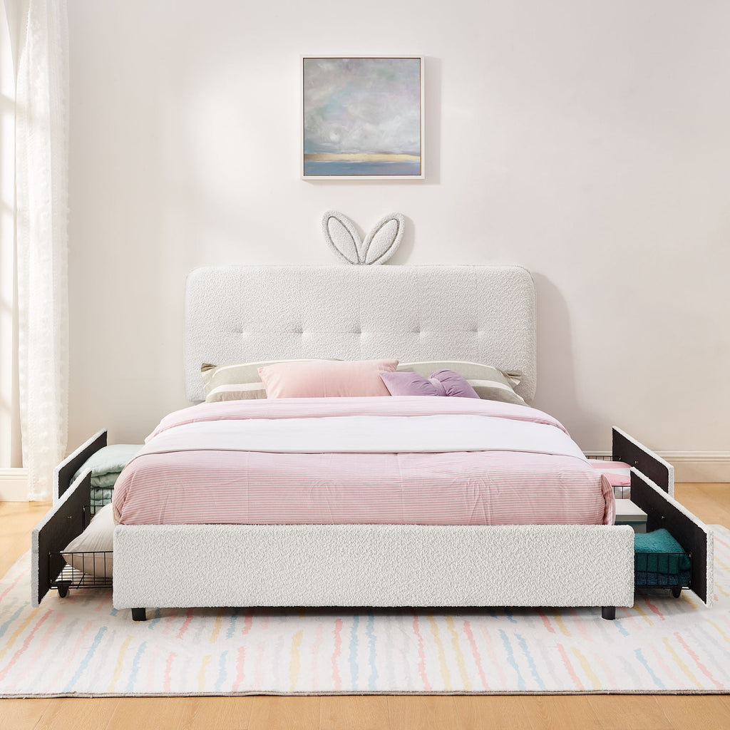 Upholstered Storage Bed with Oversized Rabbit Ear Headboard & LED Lights - Beige or Light Blue