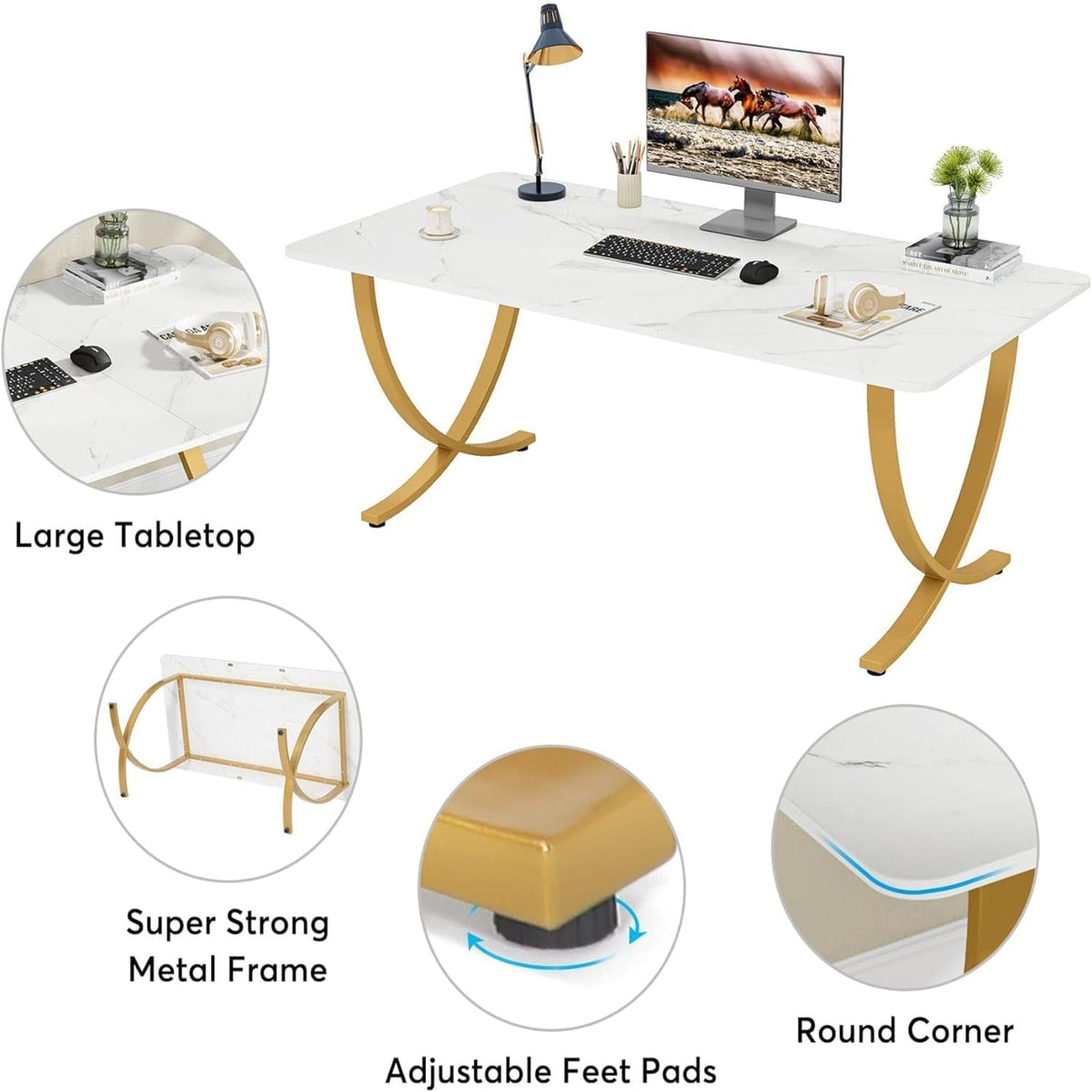 Executive Office Computer Desk with E0 Board - White / Gold