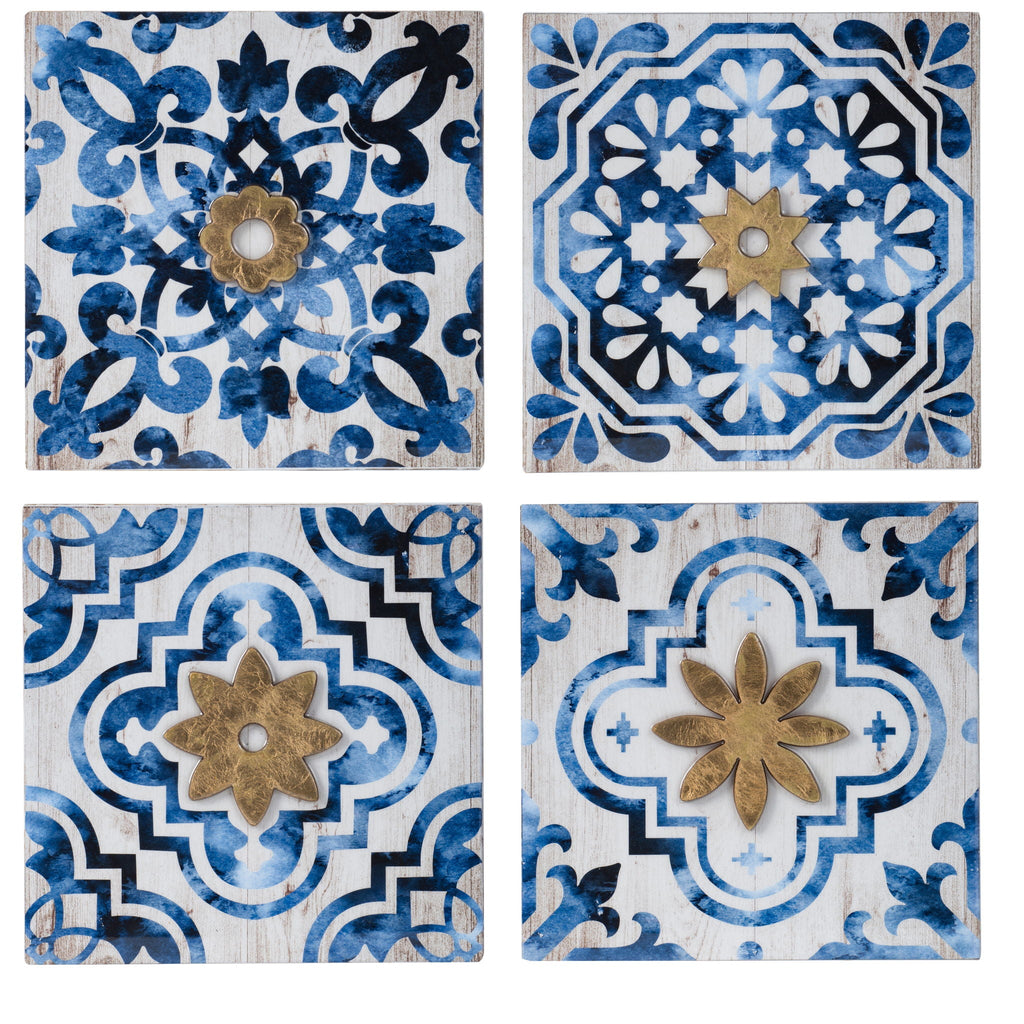 Abstract Wall Decor Accents Set with Fir Wood Frame - White / Blue