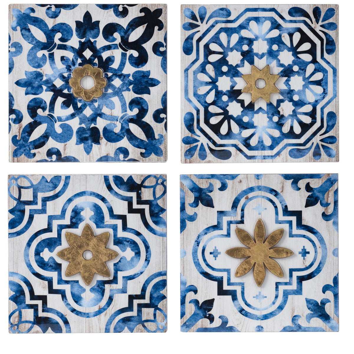 Abstract Wall Decor Accents Set with Fir Wood Frame - White / Blue