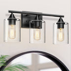 3-Light Matte Bathroom Vanity Wall Light with Clear Glass Shades - Black