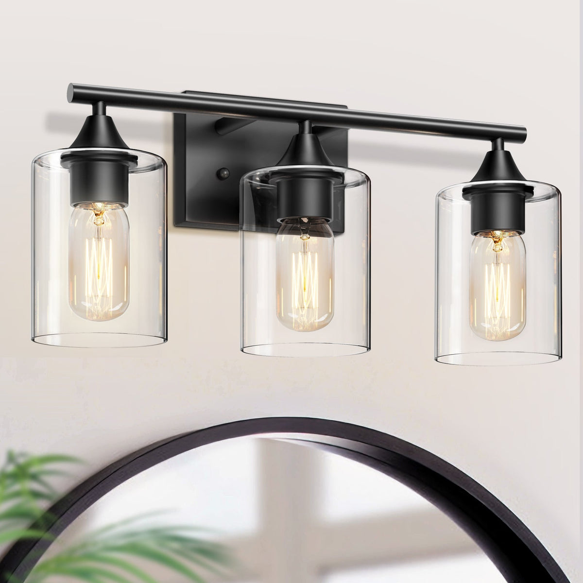 3-Light Matte Bathroom Vanity Wall Light with Clear Glass Shades - Black