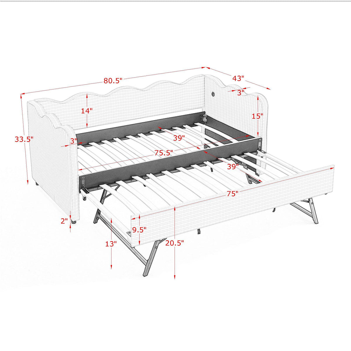 Gingham Daybed with USB Charging Port and Wave-Shaped Design - Multiple Colors