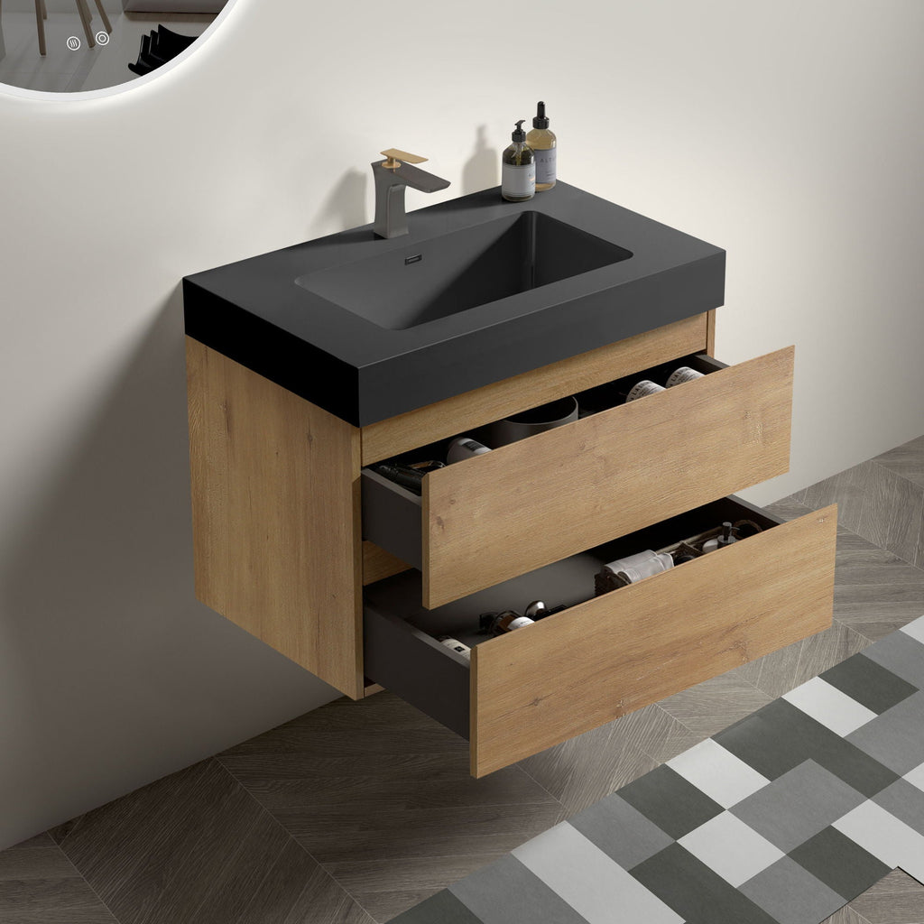 Natural Oak Bathroom Vanity with Floating Quartz Sink - Light Brown
