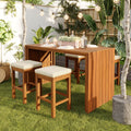 Acacia Wood 5 Piece Outdoor Bar Set with Cushioned Stools - Natural