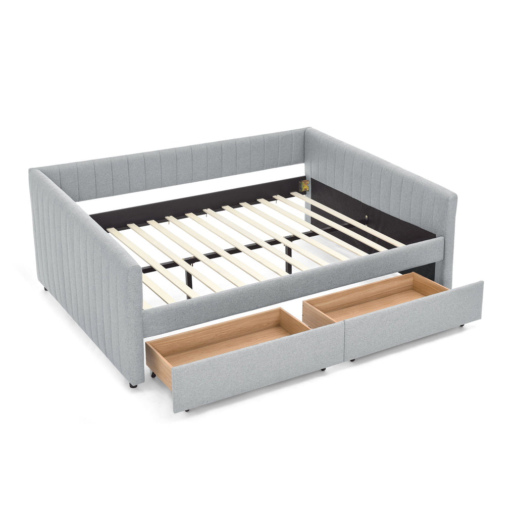 Upholstered Queen Daybed with 2 Drawers - Fabric Storage Bed - Beige or Gray