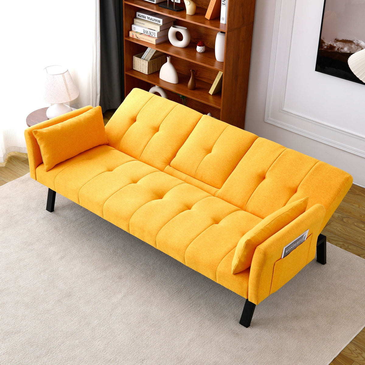Foldable Sofa Bed with Cup Holder and Solid Wood Frame - Multiple Colors
