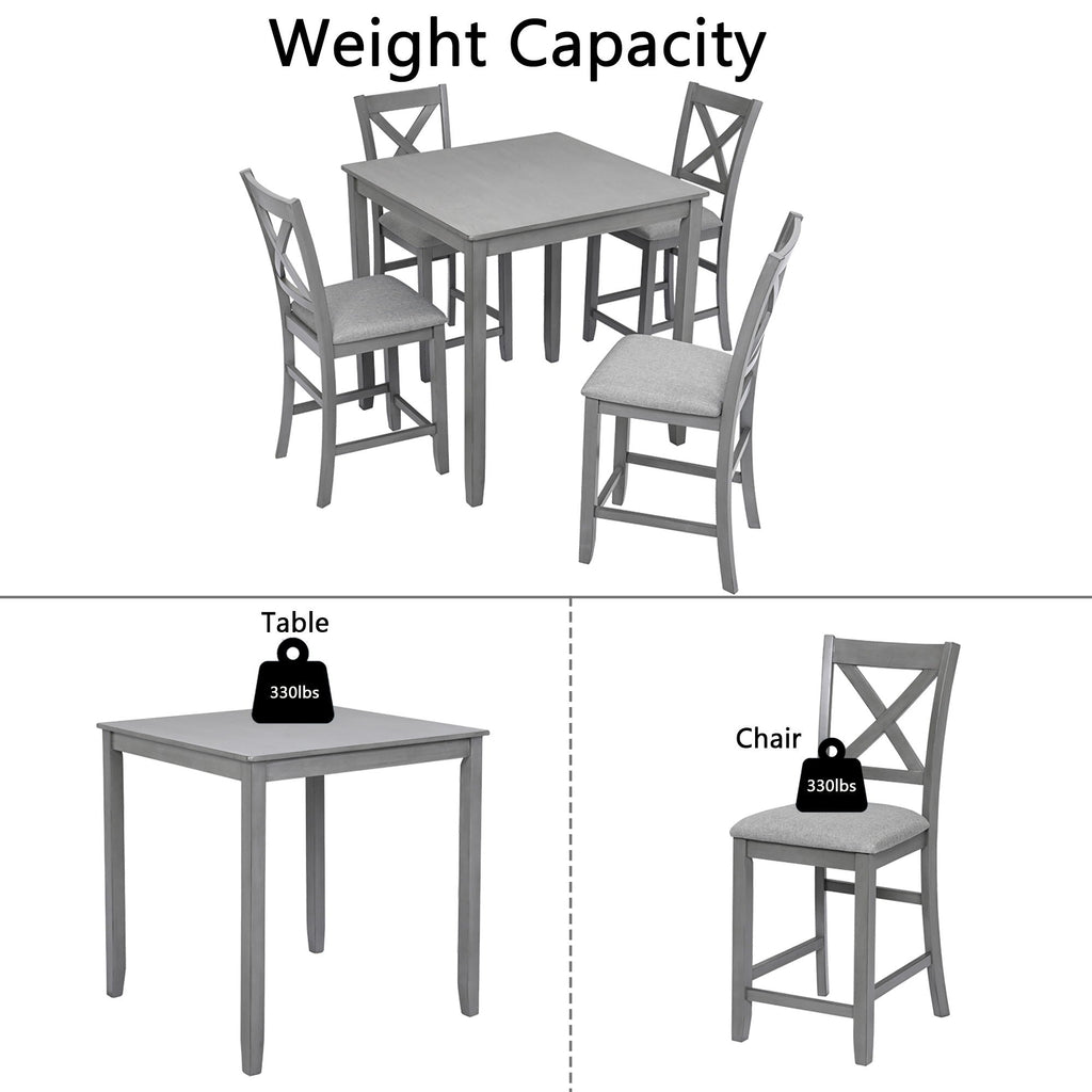 Wooden 5 Piece Dining Table Set with Square Counter Height Table - Gray or Dark Brown