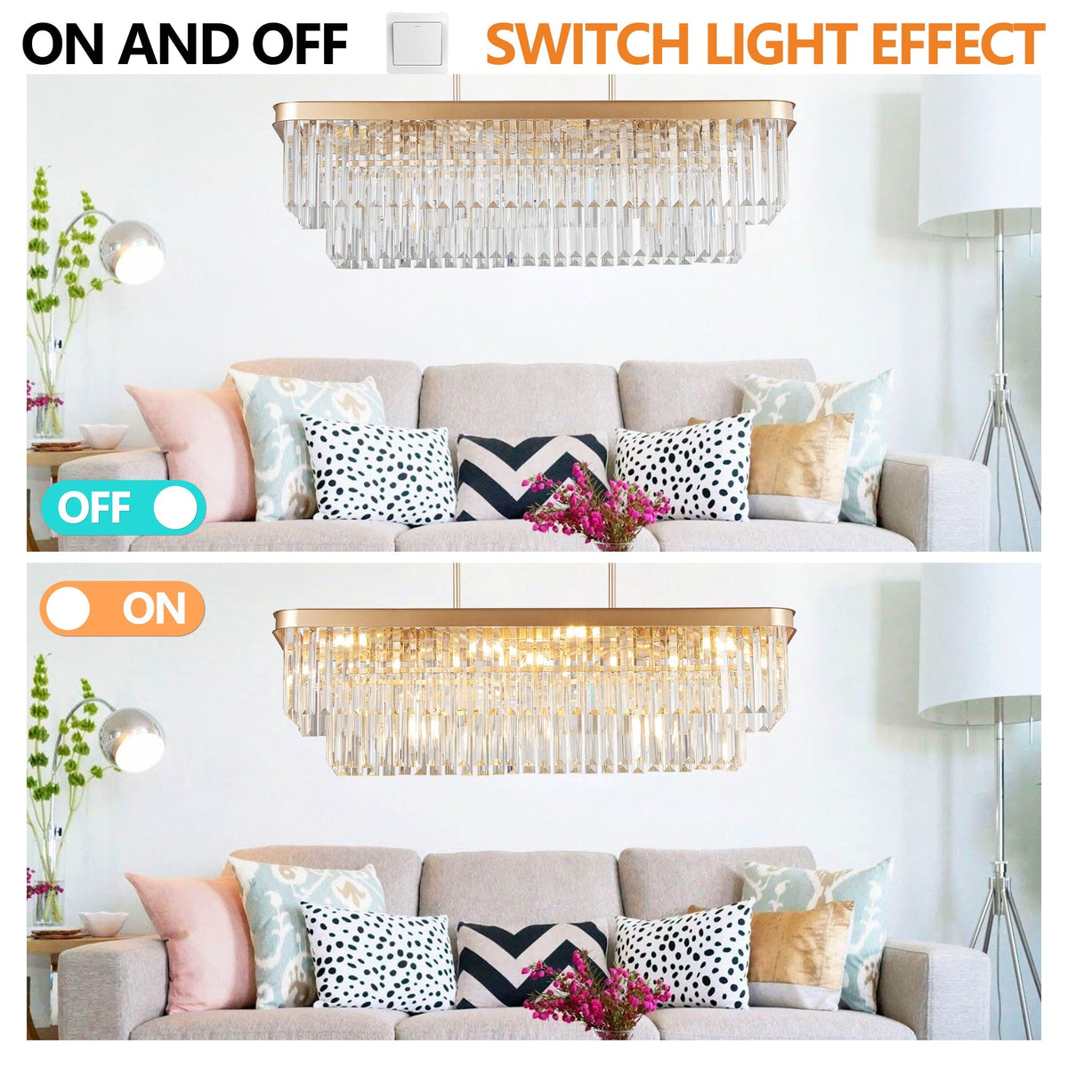 Rectangular Crystal Chandelier with Adjustable Height - Gold