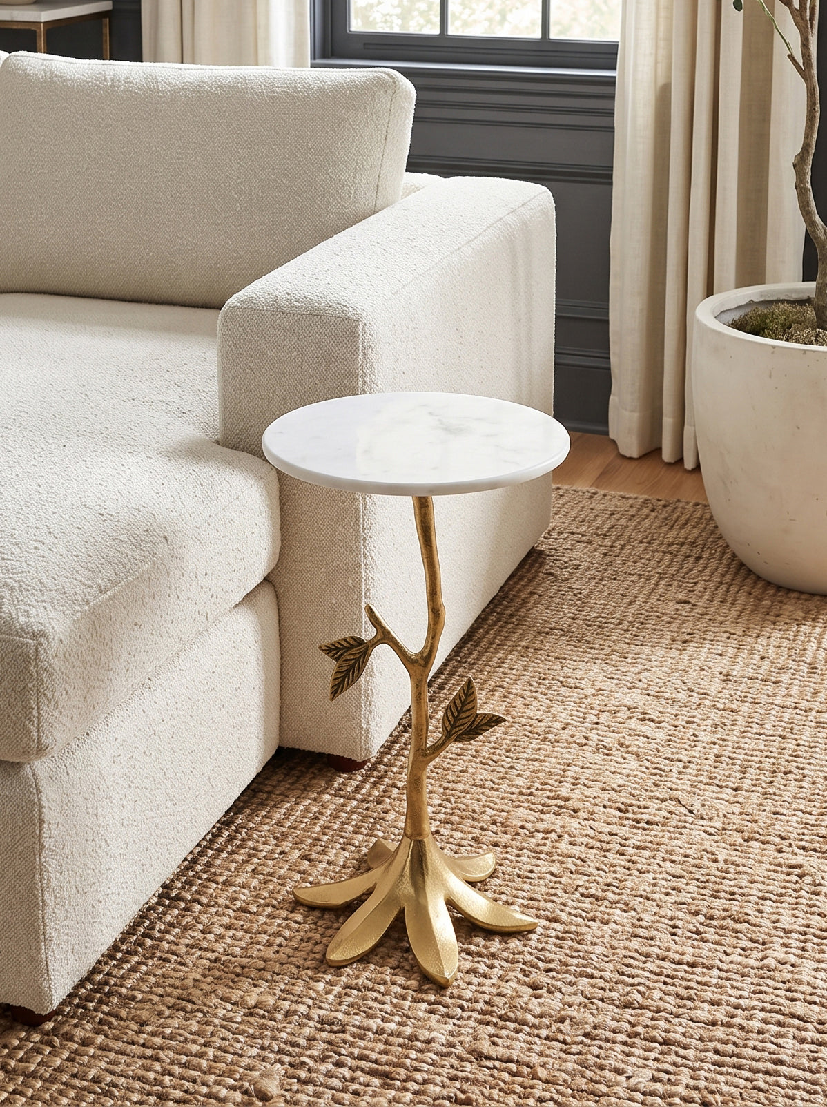 Leafy Branch Side Table with Marble Top - Gold Finish
