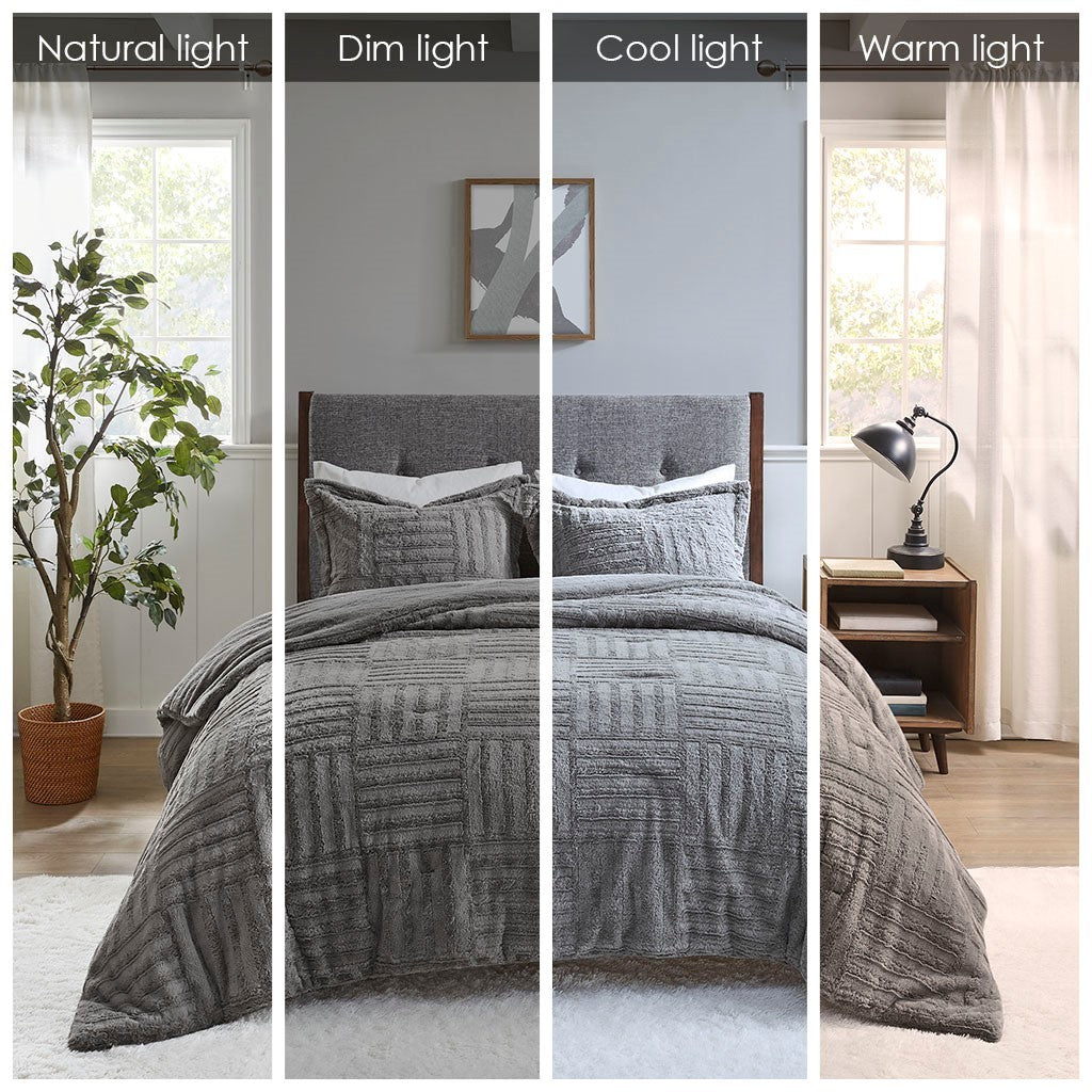 Grey Fur Down Alternative Comforter Mini Set with Checkerboard Texture - Grey