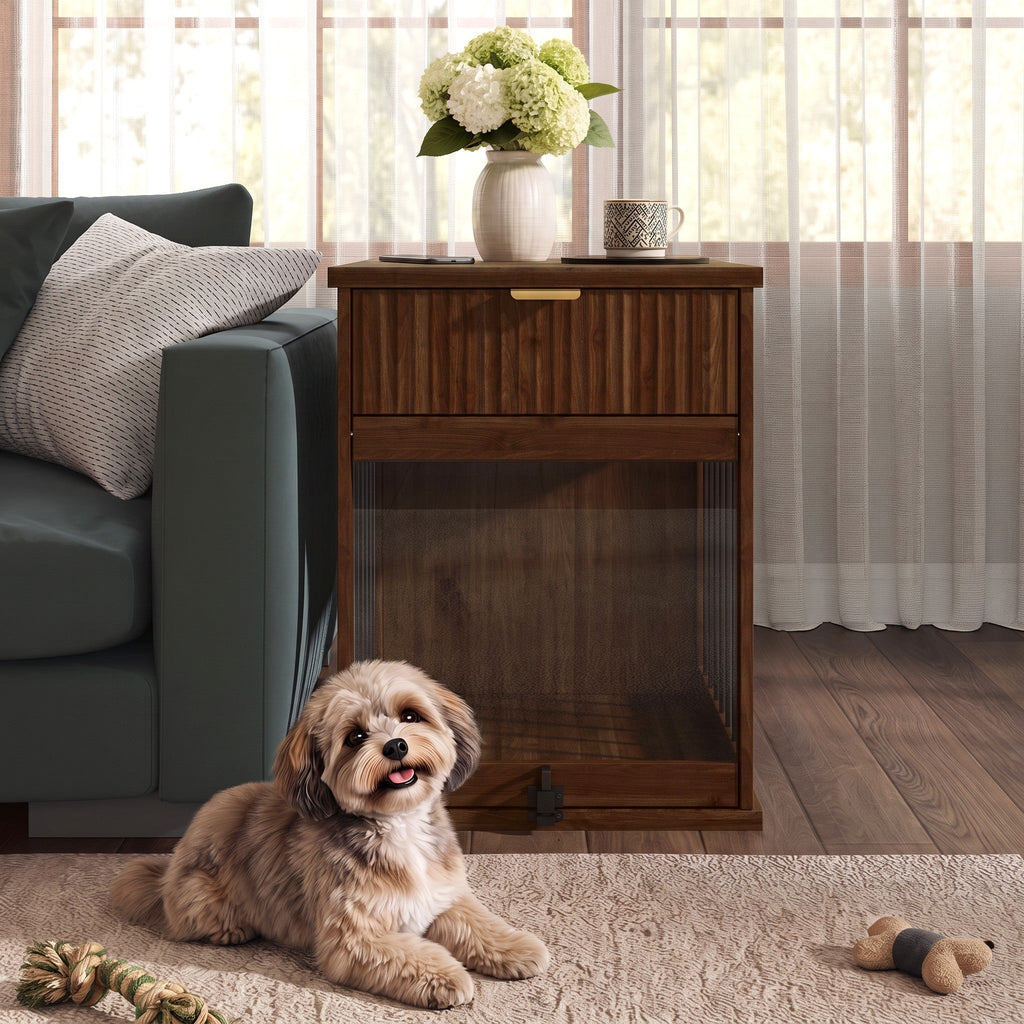Dog Crate End Table with Charging Station and Storage - Oak/Tempered Glass