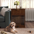 Dog Crate End Table with Charging Station and Storage - Oak/Tempered Glass