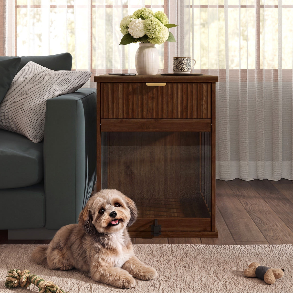 Dog Crate End Table with Charging Station and Storage - Oak/Tempered Glass