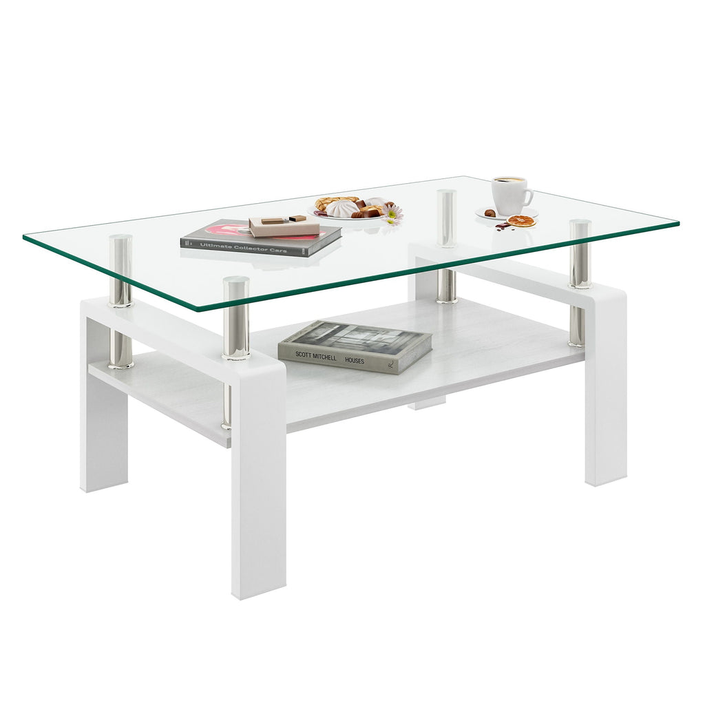 Modern Rectangular Coffee Table with Glass Top and Storage Shelf - White, Gray, Dark Gray, Dark Brown
