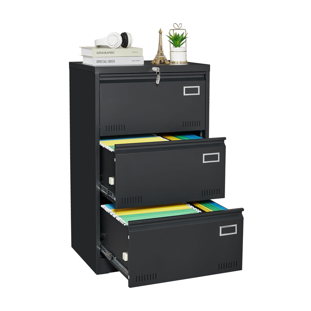 Locking Metal Filing Cabinet 3 Drawer - Multiple Sizes, Black or White
