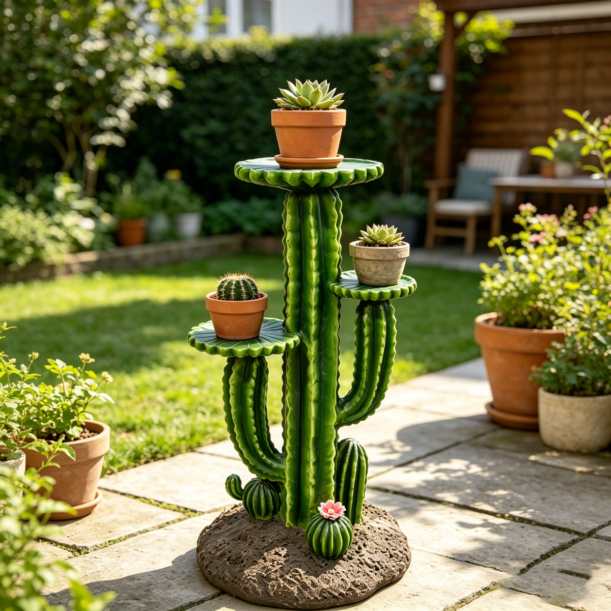32'' Resin Saguaro Cactus Plant Stand with Three Display Shelves - Green