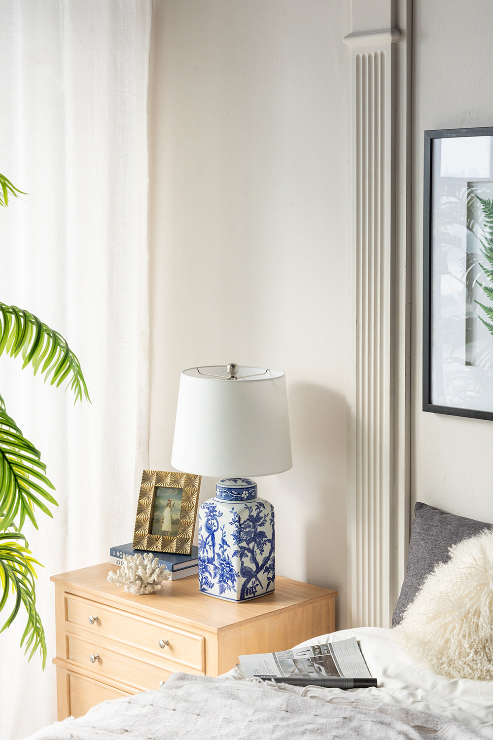 Blue and White Ceramic Vase Table Lamp with Linen Shade - White + Blue