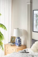 Blue and White Ceramic Vase Table Lamp with Linen Shade - White + Blue
