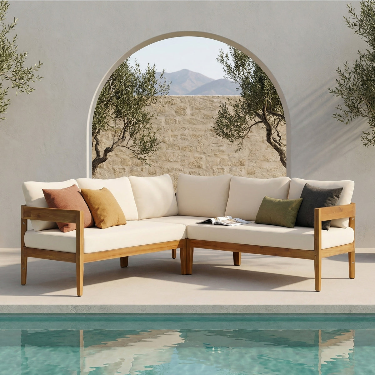 Brooklyn 3-Pieces Patio Conversation Set with Acacia Wood - Teak & Beige