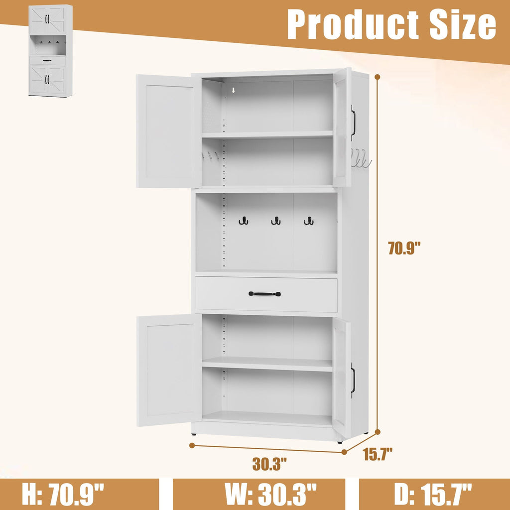 White Steel Kitchen Pantry Cabinet with Adjustable Shelves, Drawers and Hooks
