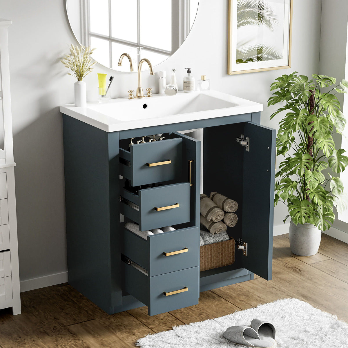 Ceramic Sink Vanity Combo with 3 Drawers and Soft Closing Doors - 30"