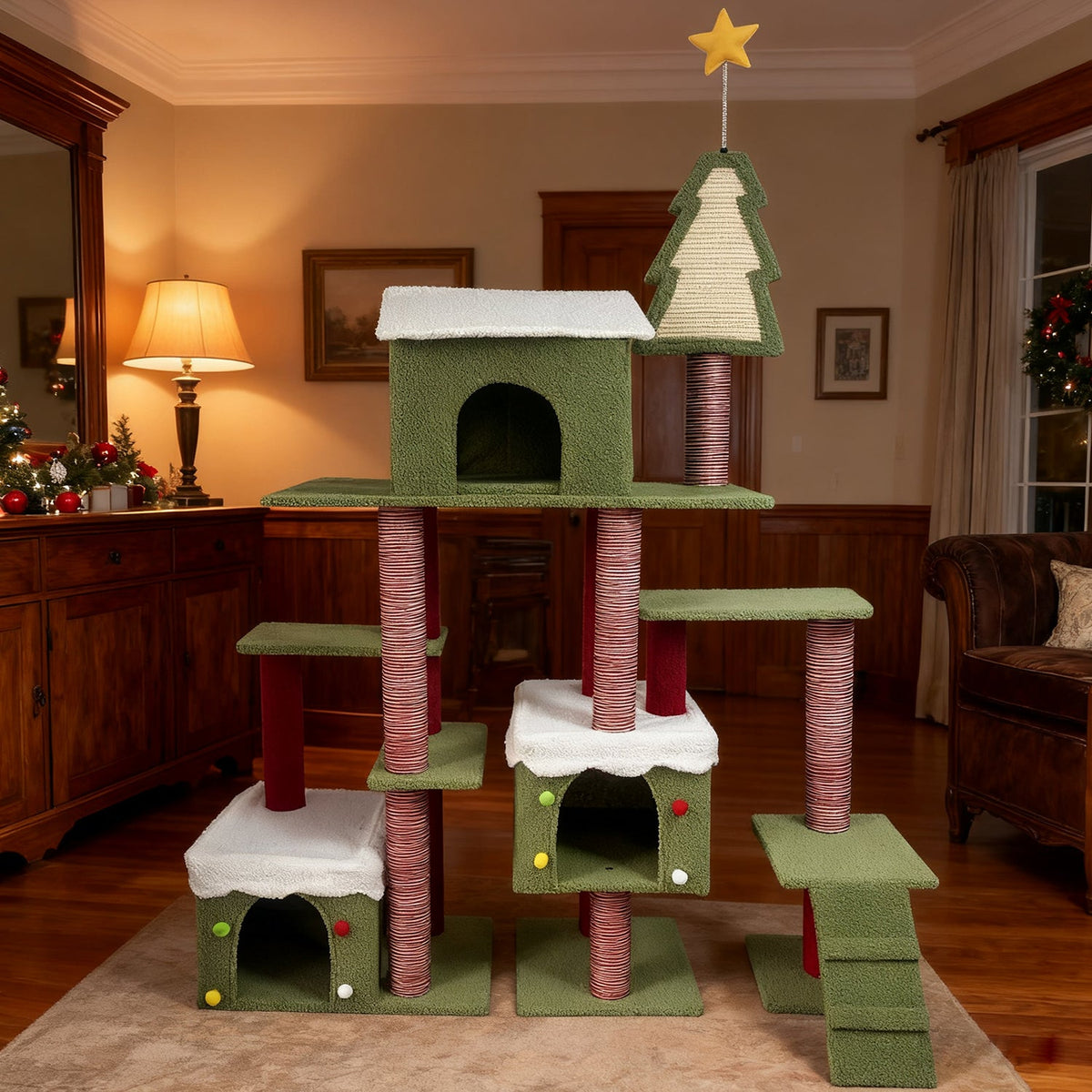 Wide Christmas Cat Tree Tower for Indoor Cats with Multi-Level Design