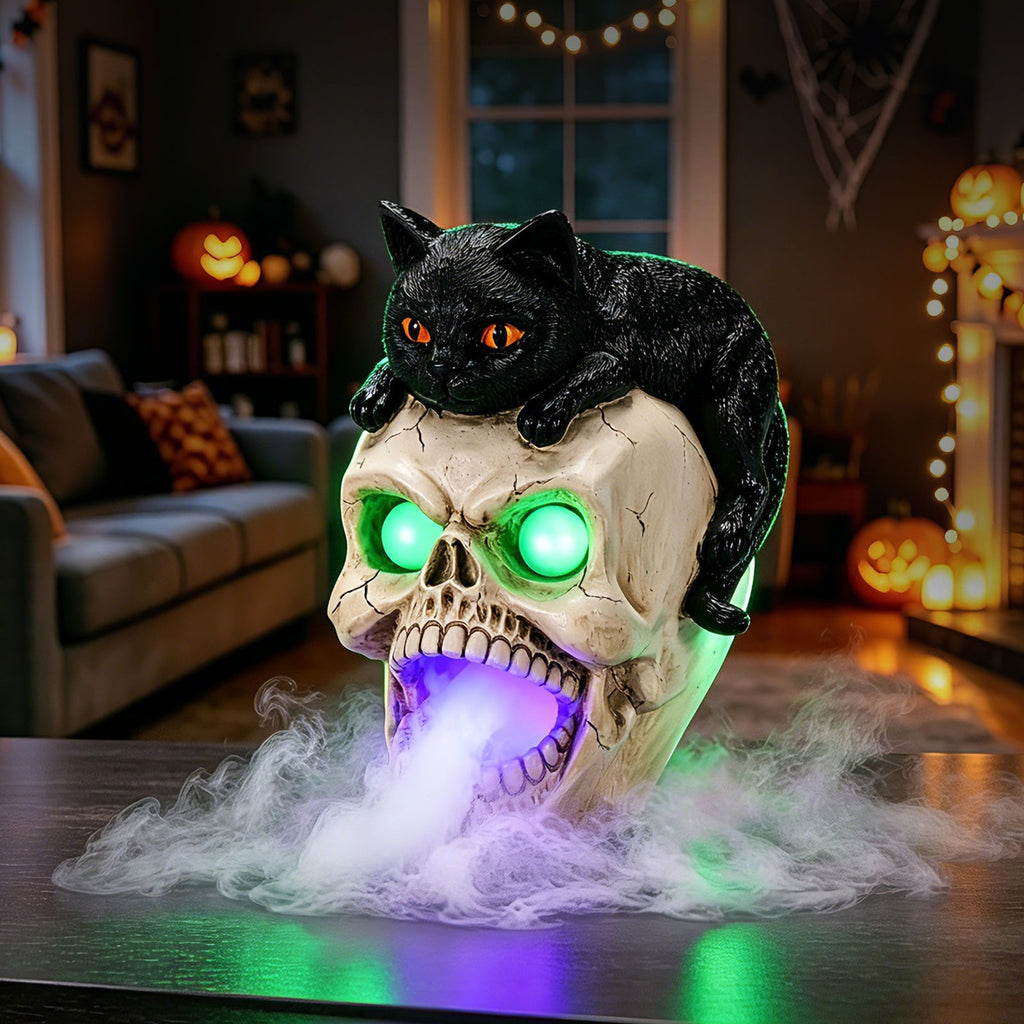 Halloween Cat Skull Statue with Glowing Features - Black White