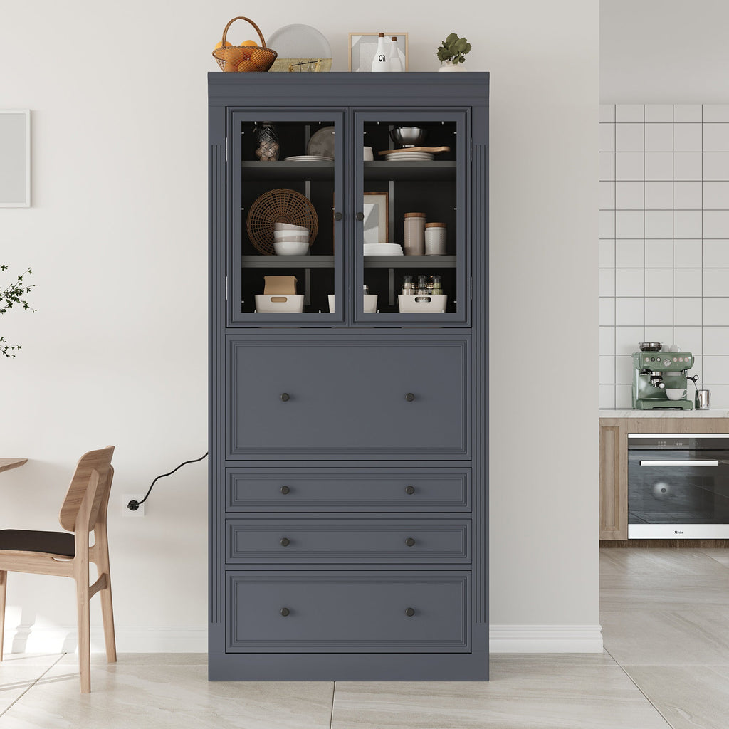 Freestanding Kitchen Pantry Cabinet with Power Outlet – Grey or White