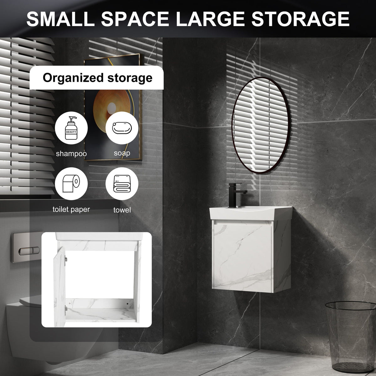 Modern Bathroom Vanity with Ceramic Basin and Storage Cabinet - Light Brown, Black, or White