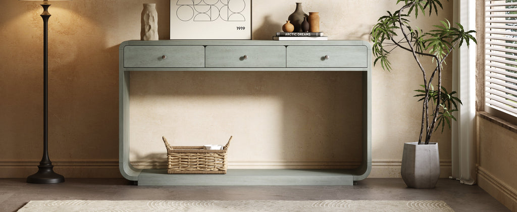 Antique-Style Console Table with 3 Storage Drawers - Blue, Natural, Beige