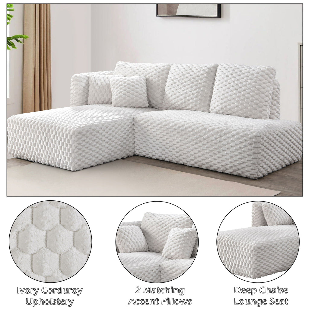 Ivory Sectional Sofa with Chaise - Corduroy Upholstery